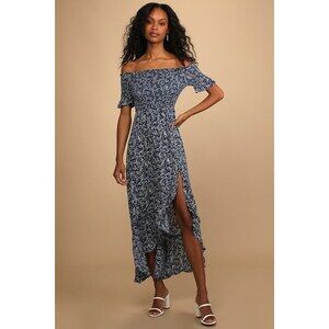 Lulus Fleur-tation Navy Blue Floral Print Off-the-shoulder Midi Dress - Size M